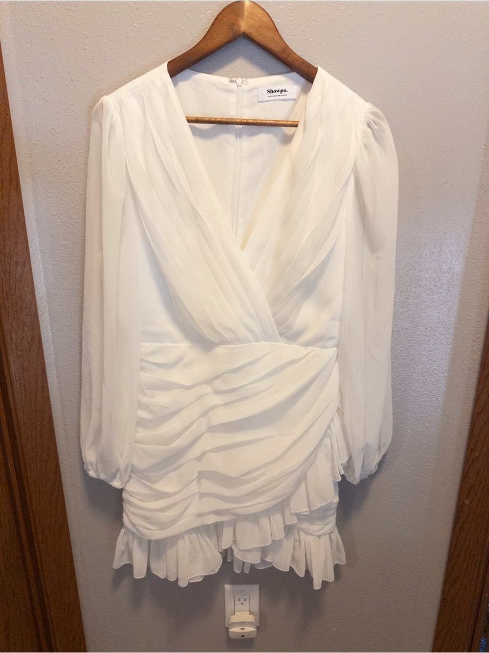 Showpo. White Long-Sleeve Ruffle Mini Dress Engagement Wedding